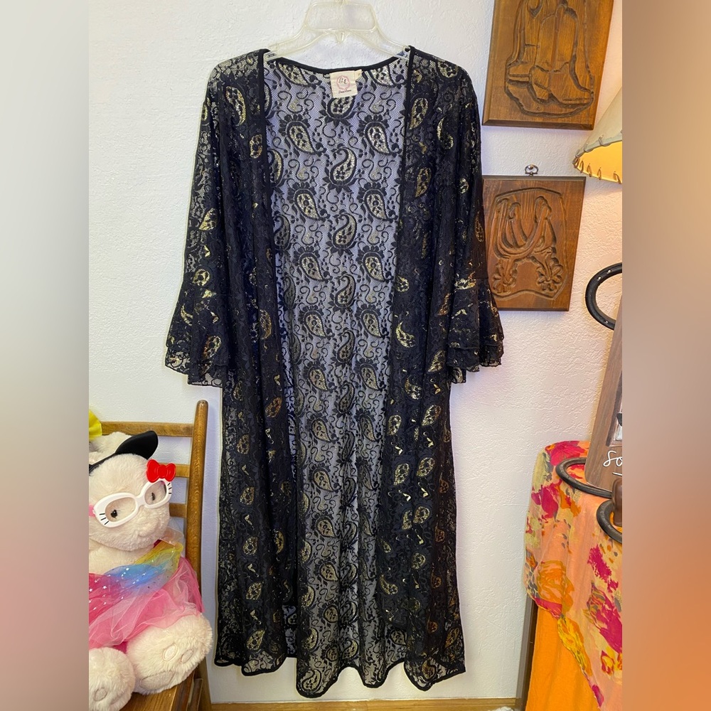 Grace + Emma Open Front Black Gold Lace Bell Sleeve Duster Kimono Whimsigoth S/M - Picture 10 of 12